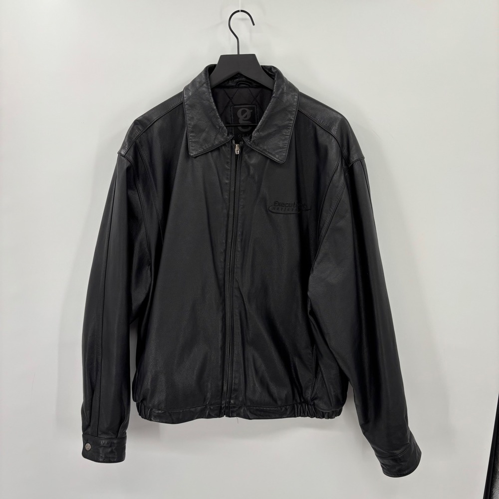 Genuine Leather Bomber Jacket Mens XL Black Zip Up Quilted Vintage 90s Jet Logo